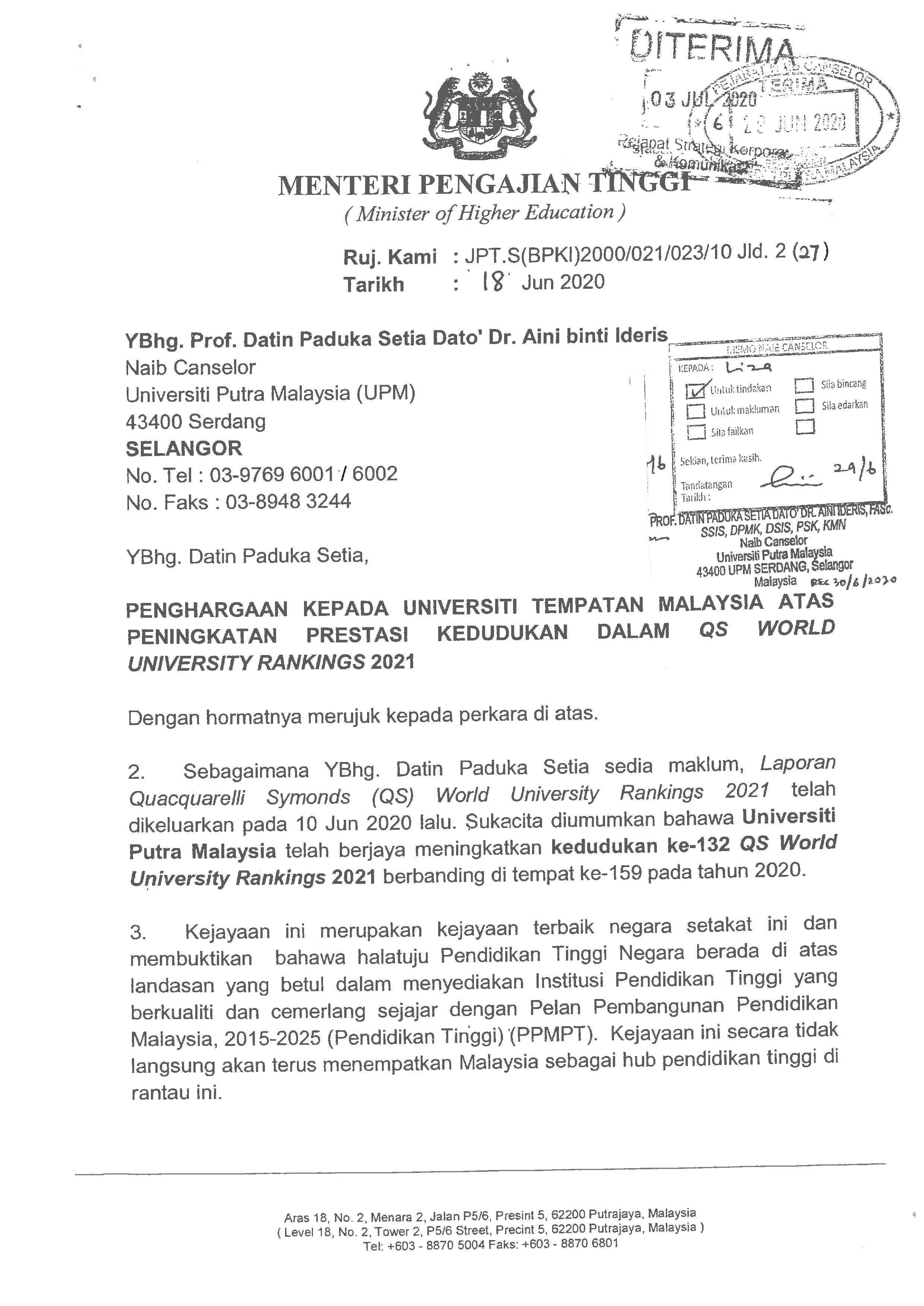 Menteri Pengajian Tinggi Merakamkan Ucapan Penghargaan Kepada Upm Kolej Pendeta Za Ba